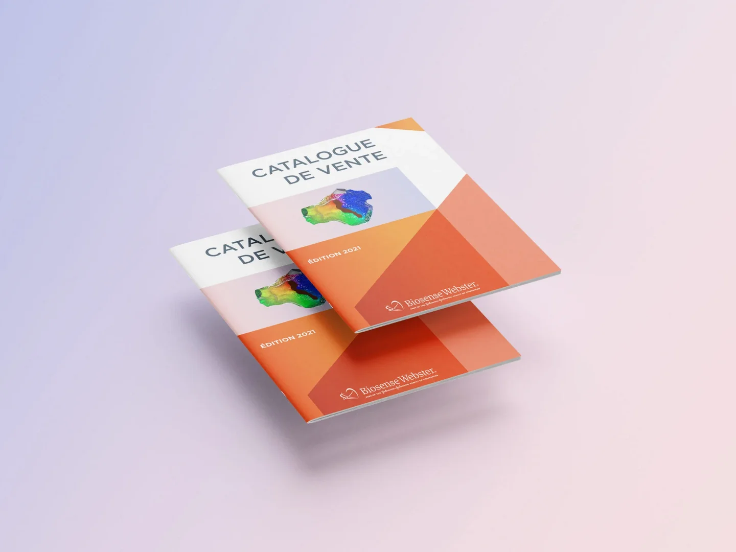 L’édition 2021 du catalogue de vente Biosense Webster : deux exemplaires empilés de la couverture orange avec son illustration de cartographie cardiaque