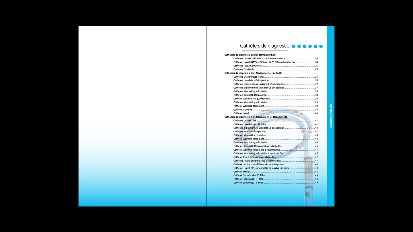 Double page de sommaire du catalogue Biosense Webster tirée de l’édition 2019, listant la section des cathéters diagnostiques avec ses références de pages