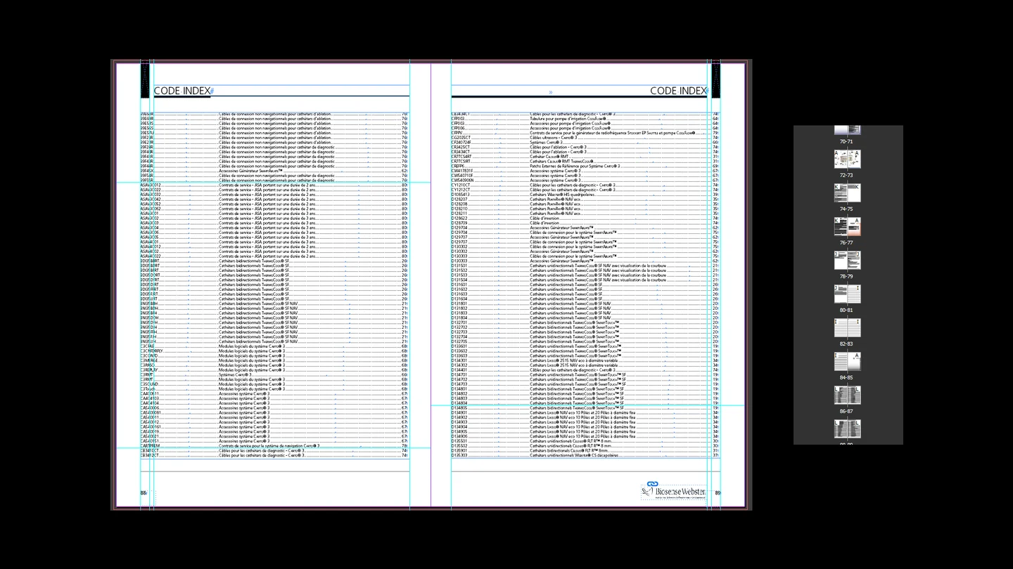 Double page de l’index des codes du catalogue Biosense Webster dans l’application de mise en page, ses pages restant synchronisées avec la pagination du catalogue imprimé