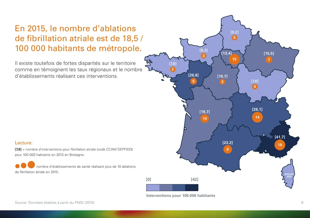 Carte de données Biosense Webster pour la France montrant les taux régionaux d’ablation de la fibrillation atriale pour 100 000 habitants pour l’année 2015