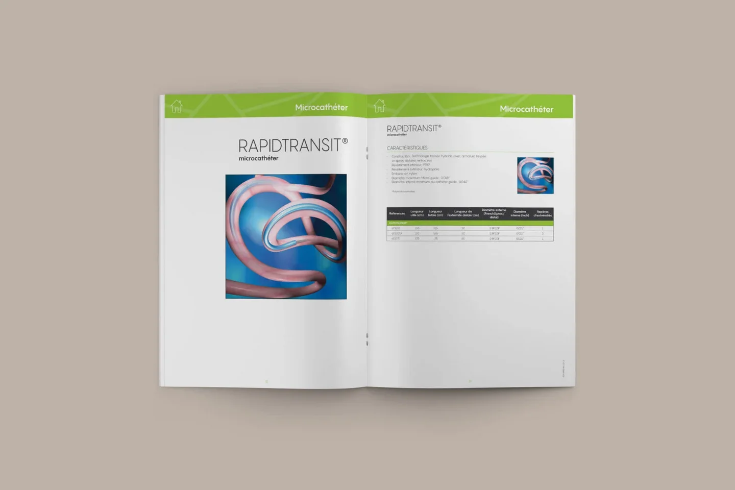 RAPIDTRANSIT microcatheter spread from the Cerenovus catalog: the coiled catheter photograph facing its specification and reference table