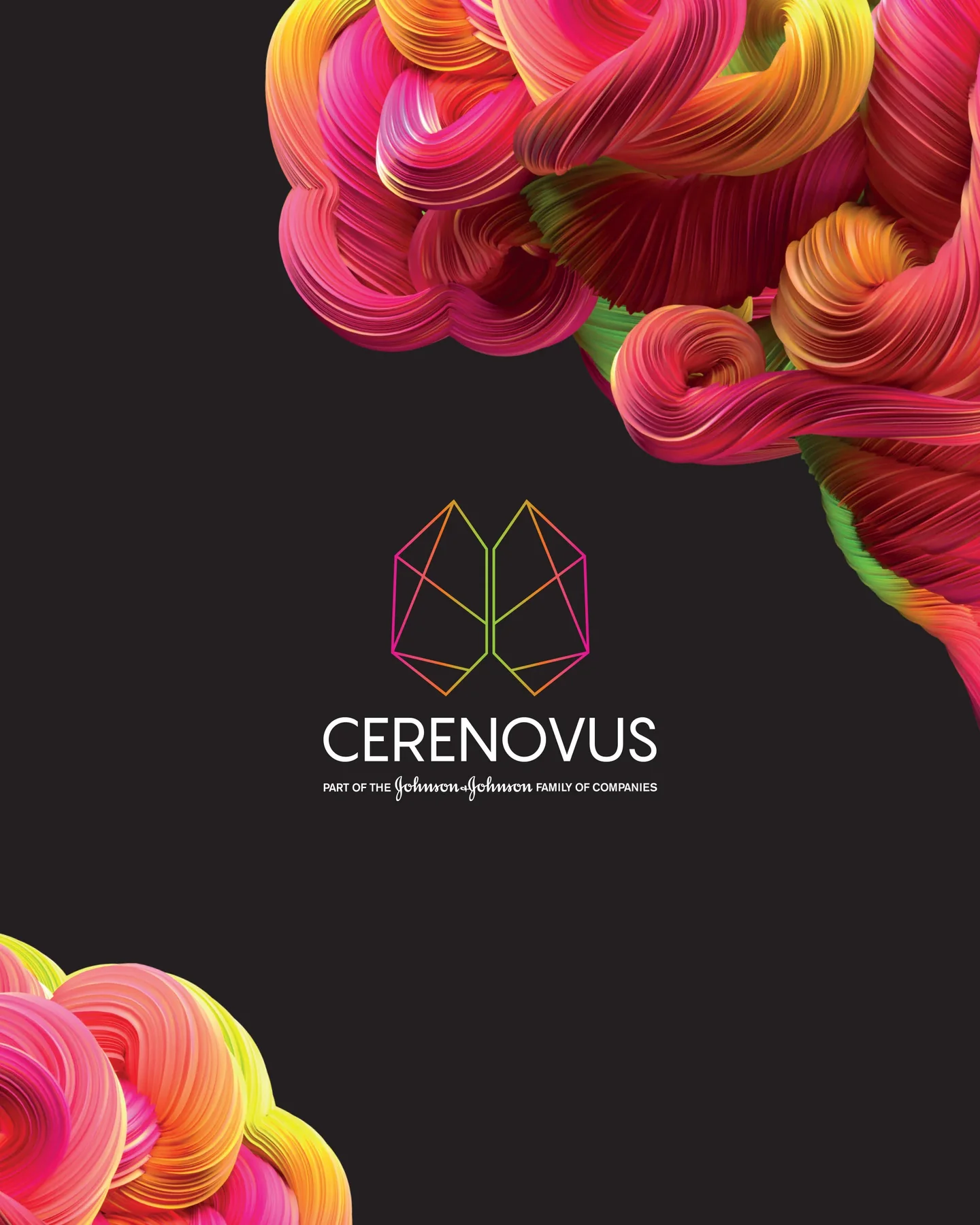 Cerenovus key visual: swirling ribbons of pink, orange and green form a brain above the Cerenovus logo on the black catalog cover