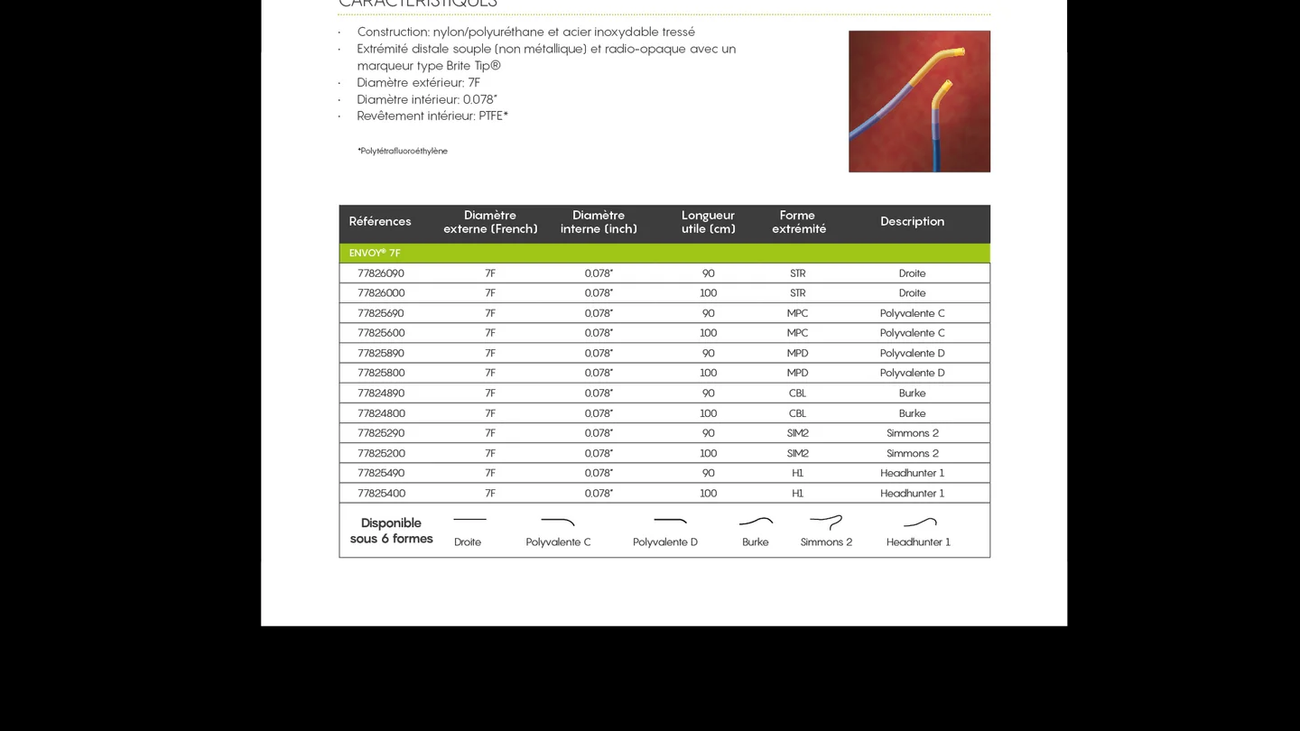 ENVOY 7F guiding catheter reference table from the Cerenovus catalog, listing diameters, lengths and the six available tip shapes