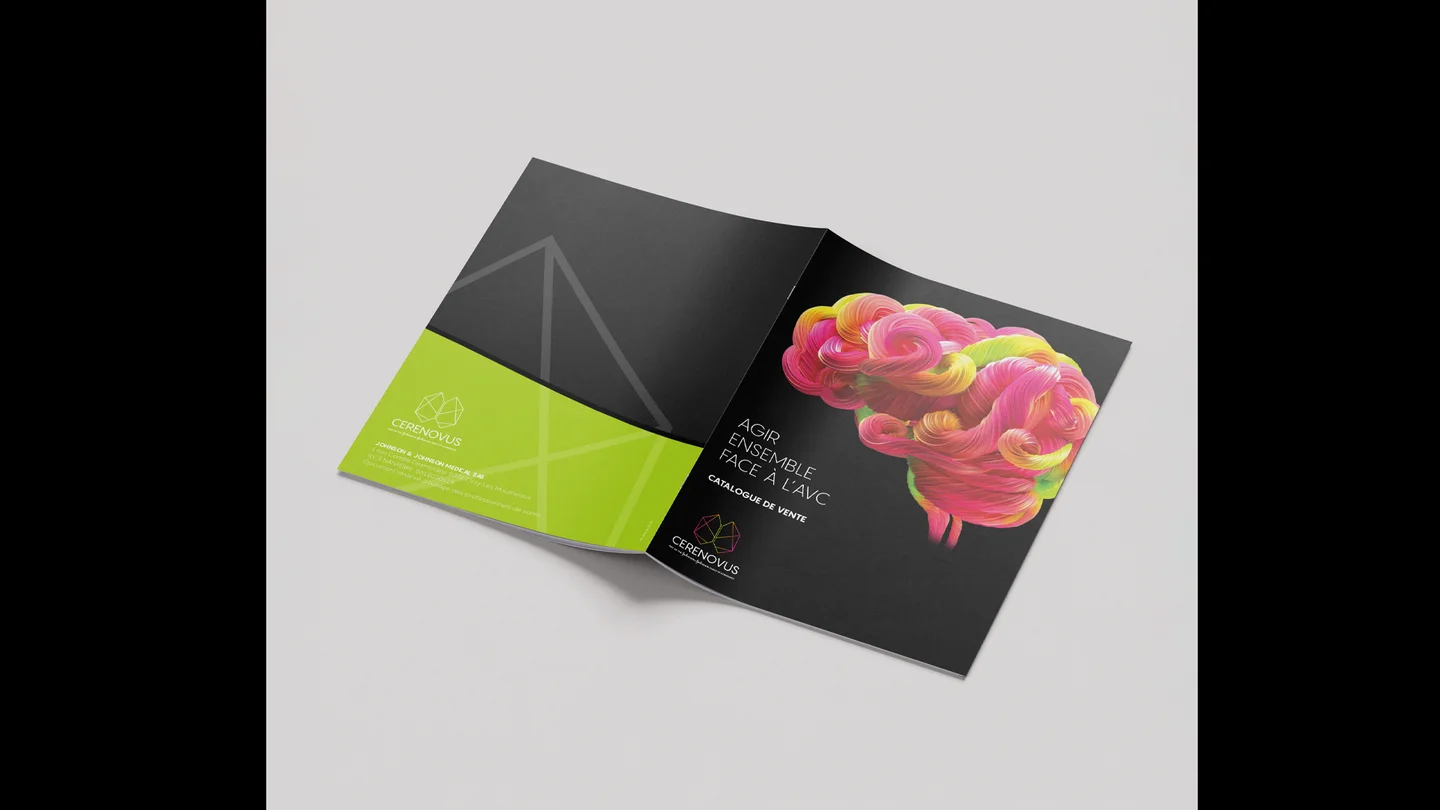The Cerenovus sales catalog open to show both covers: the brain artwork front cover and the green back cover with publisher details