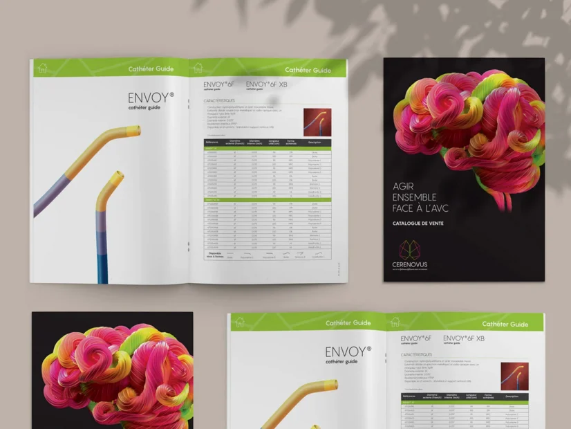 Cerenovus neurovascular catalog spreads: the ENVOY guiding catheter pages beside the brain artwork cover of the French sales edition