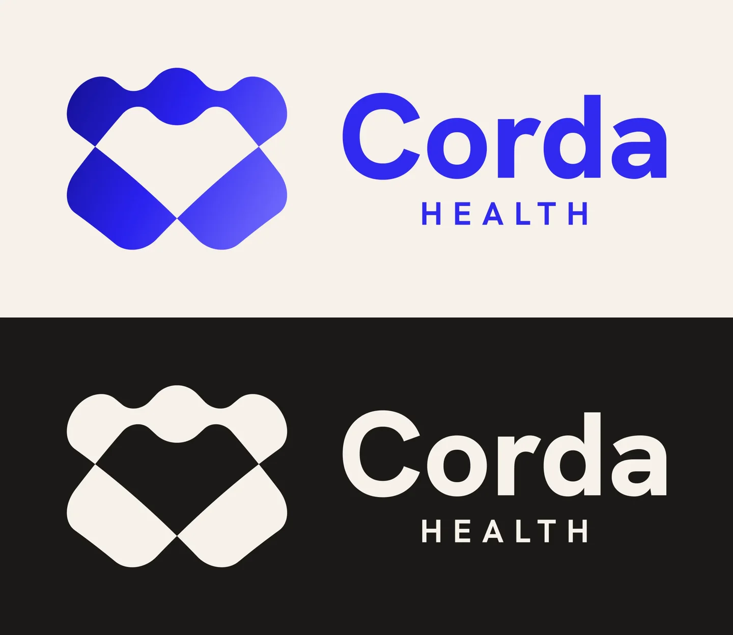 The Corda Health primary logo lockup shown in light and dark mode, the folded heart mark paired with the Corda wordmark in both themes