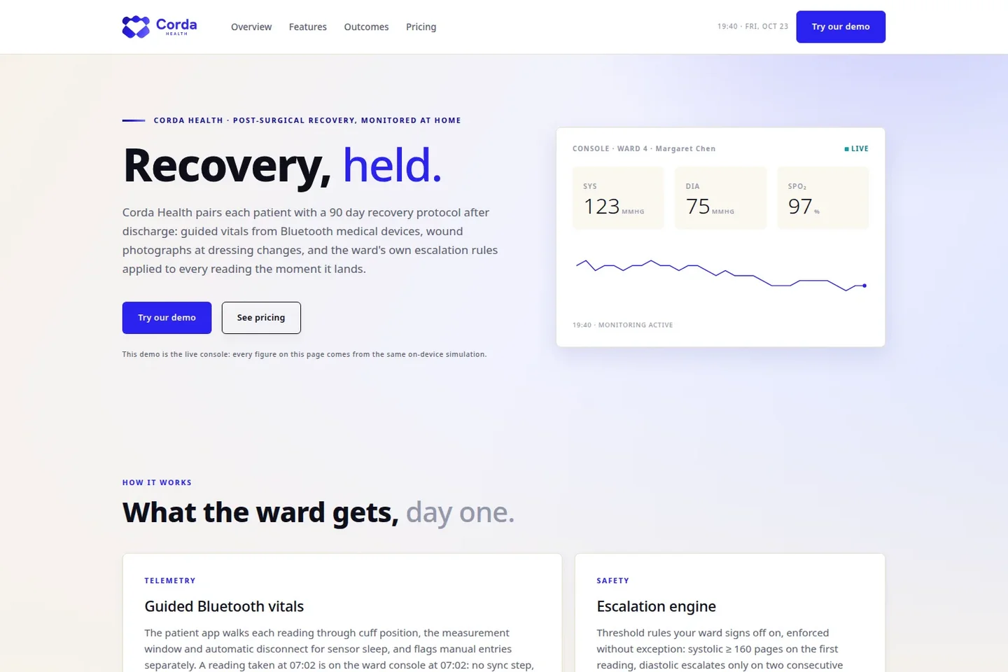 The Corda Health website hero: the brand identity and the live console framed together as the opening screen of the marketing site