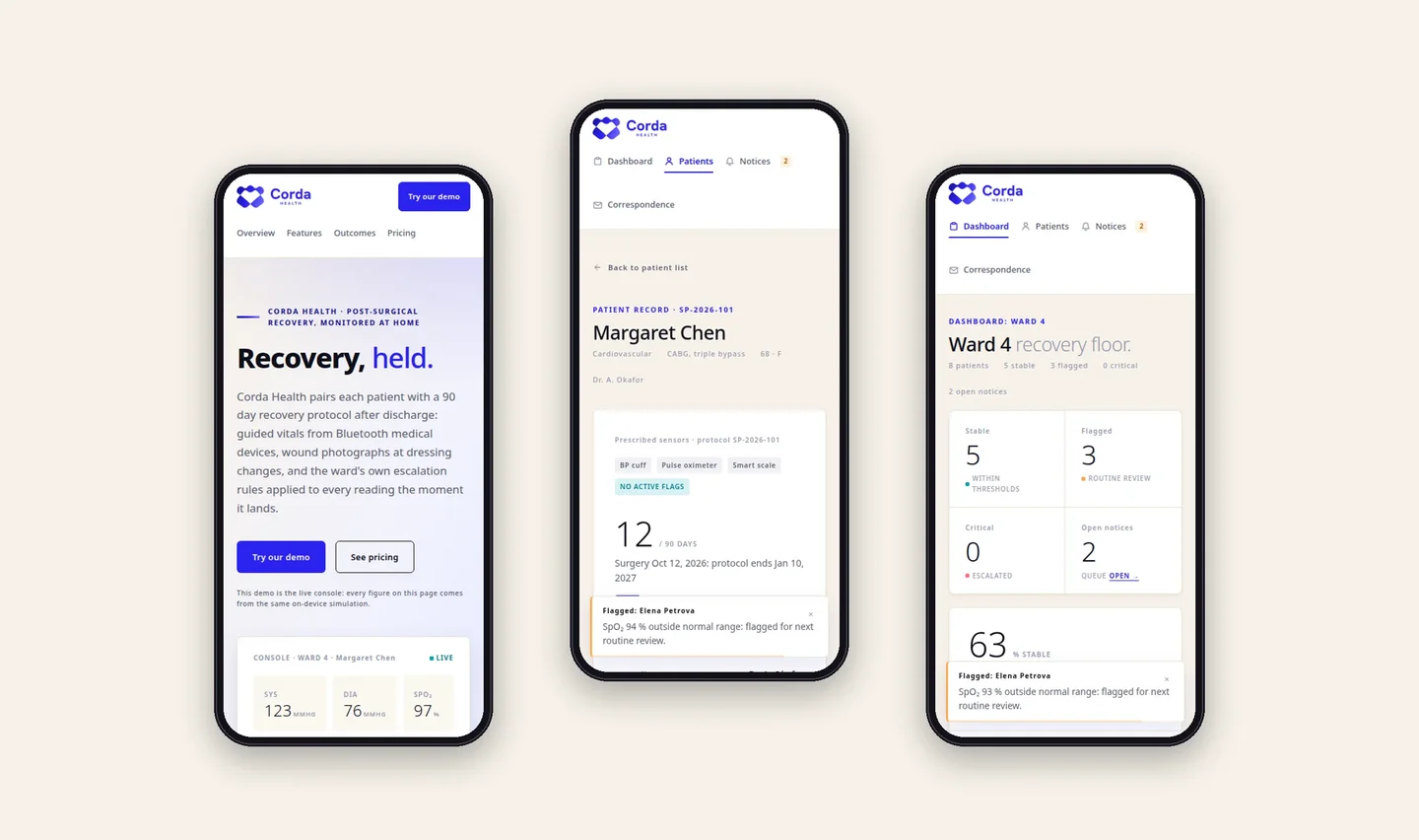 The Corda Health website, patient record and console shown together on three phones, the product family in a single mockup frame