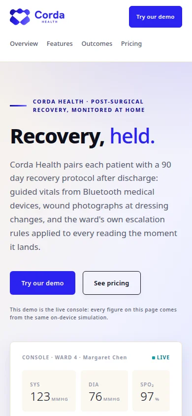 The Corda Health website on mobile: the identity, the headline and the product story fitted to the narrow phone screen
