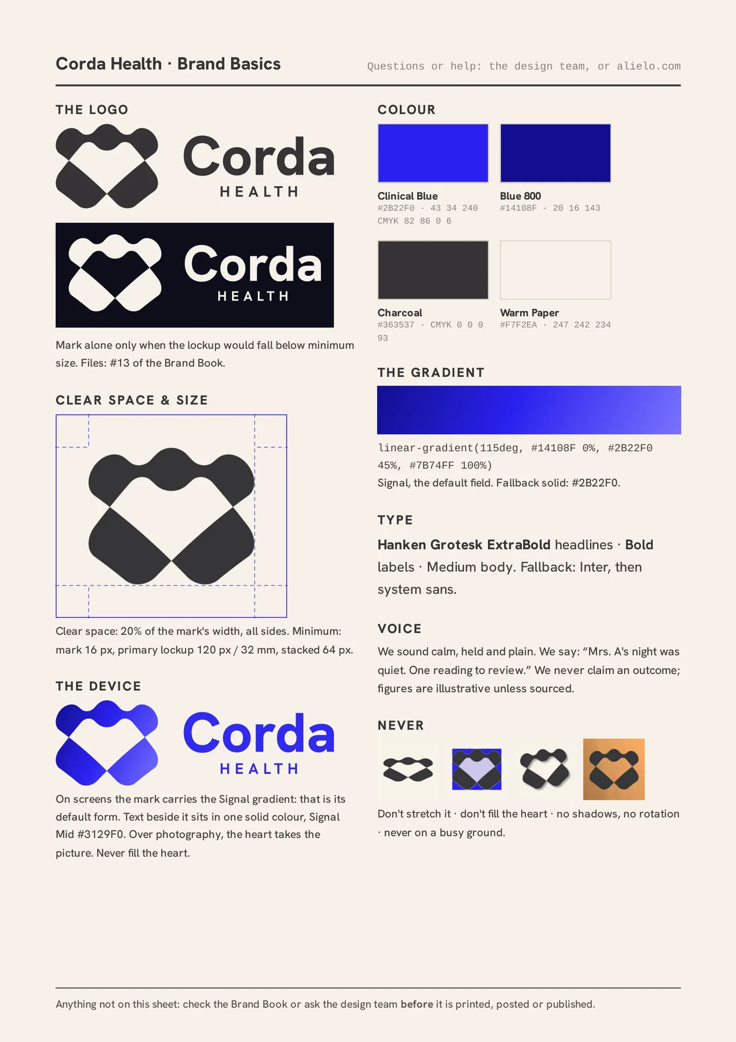 The Corda Health one-page brand sheet: the whole identity, logo, colors, type and components, held on a single portrait page