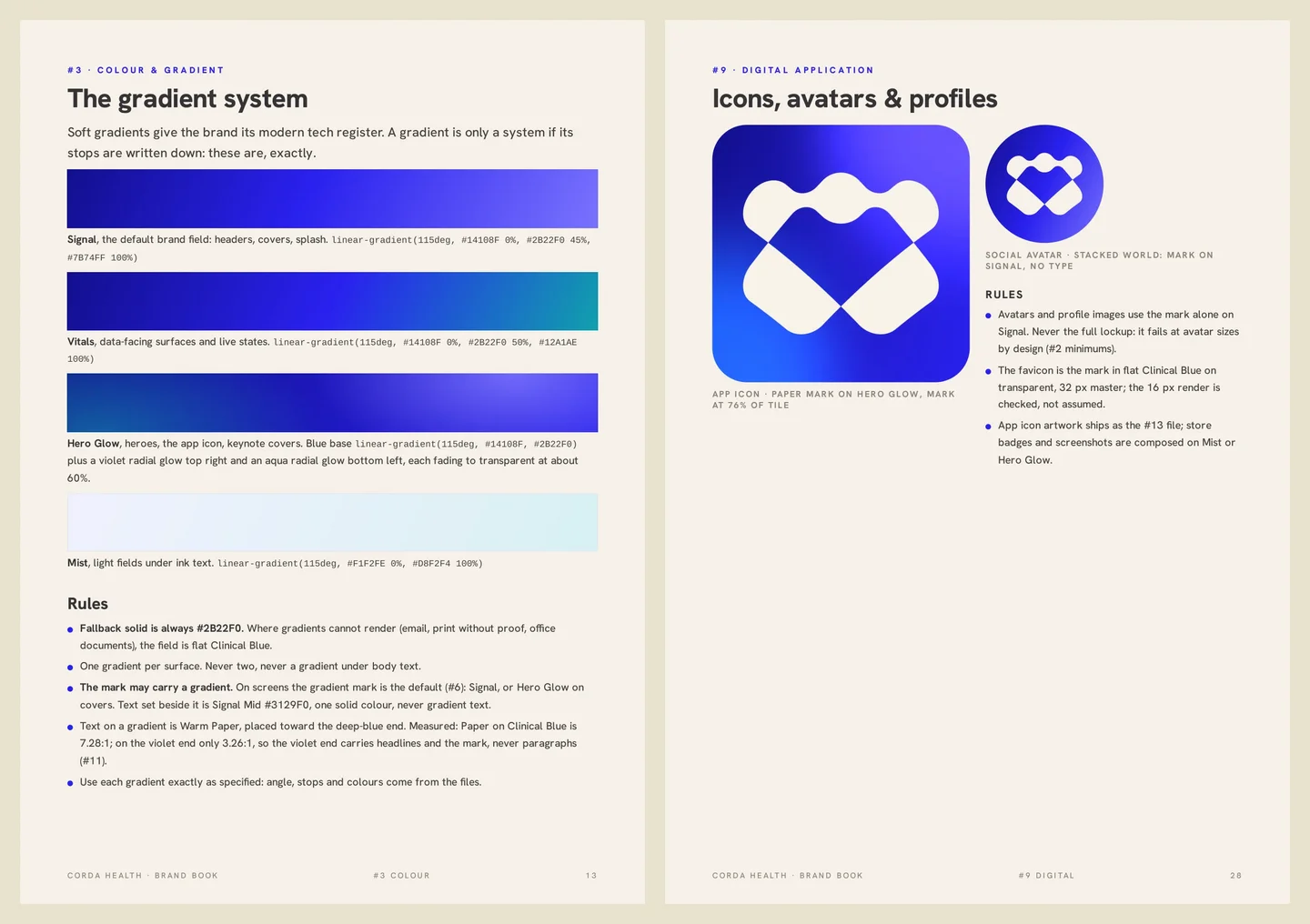 Corda Health brand book pages: the gradient system spread, then the icons, avatars and profile components of the identity
