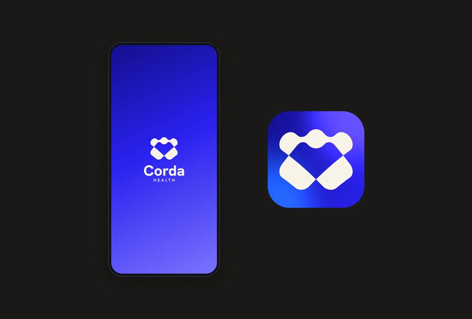 The Corda Health launch screen in dark mode with the app icon, the first reveal of the patient monitoring product and its identity