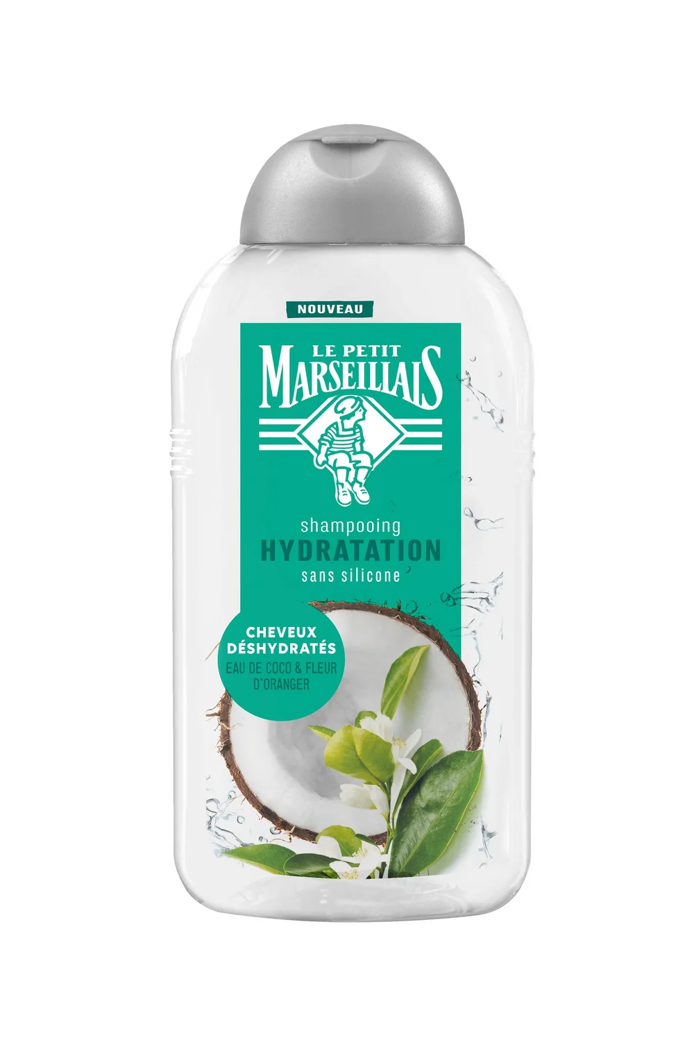 Le Petit Marseillais Coco shampoo bottle in face view, the reworked label showing the halved coconut and orange blossom artwork