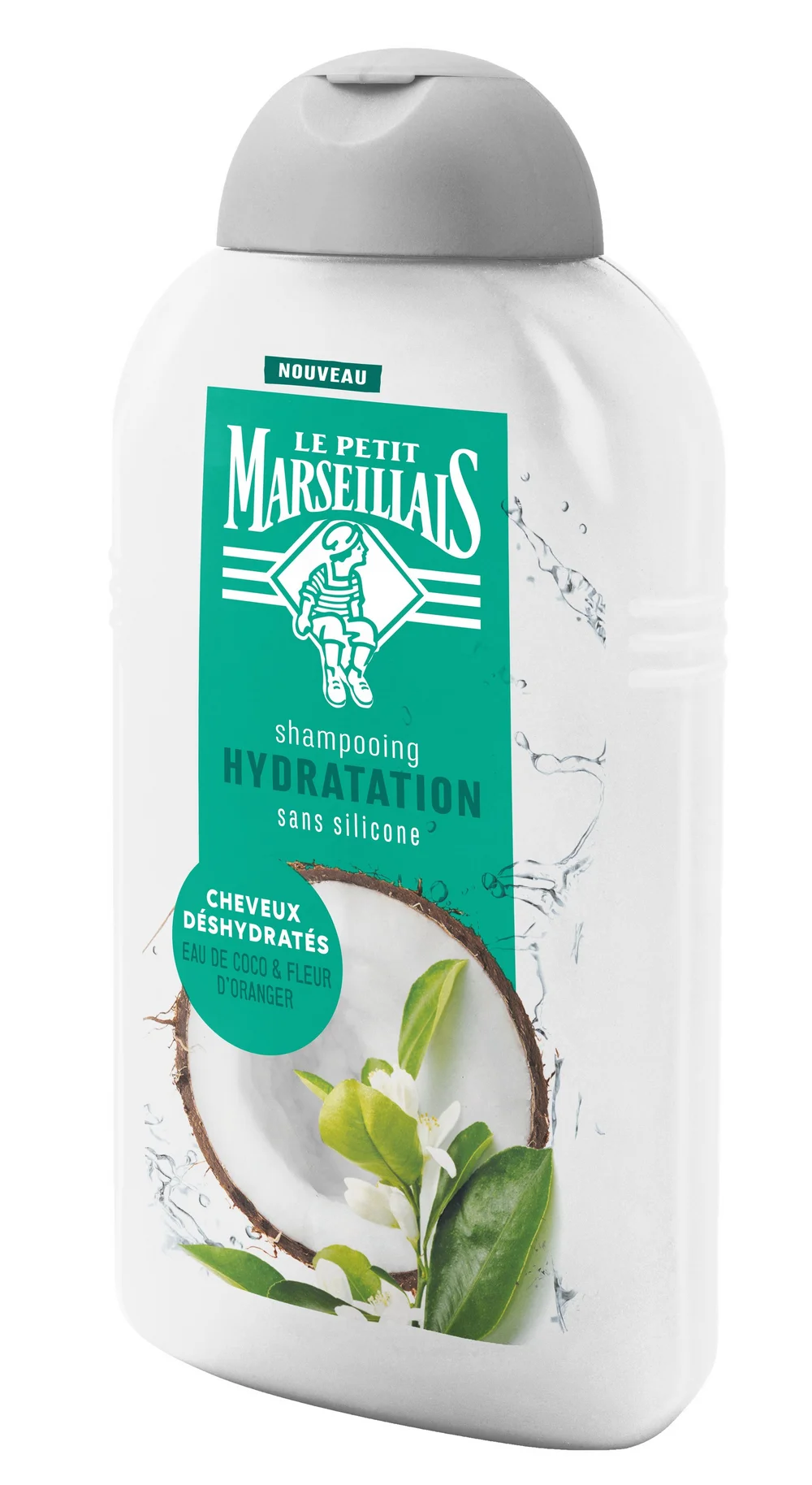 Le Petit Marseillais Coco shampoo bottle in three-quarter view, the reworked label wrapping the bottle shoulder and coconut artwork