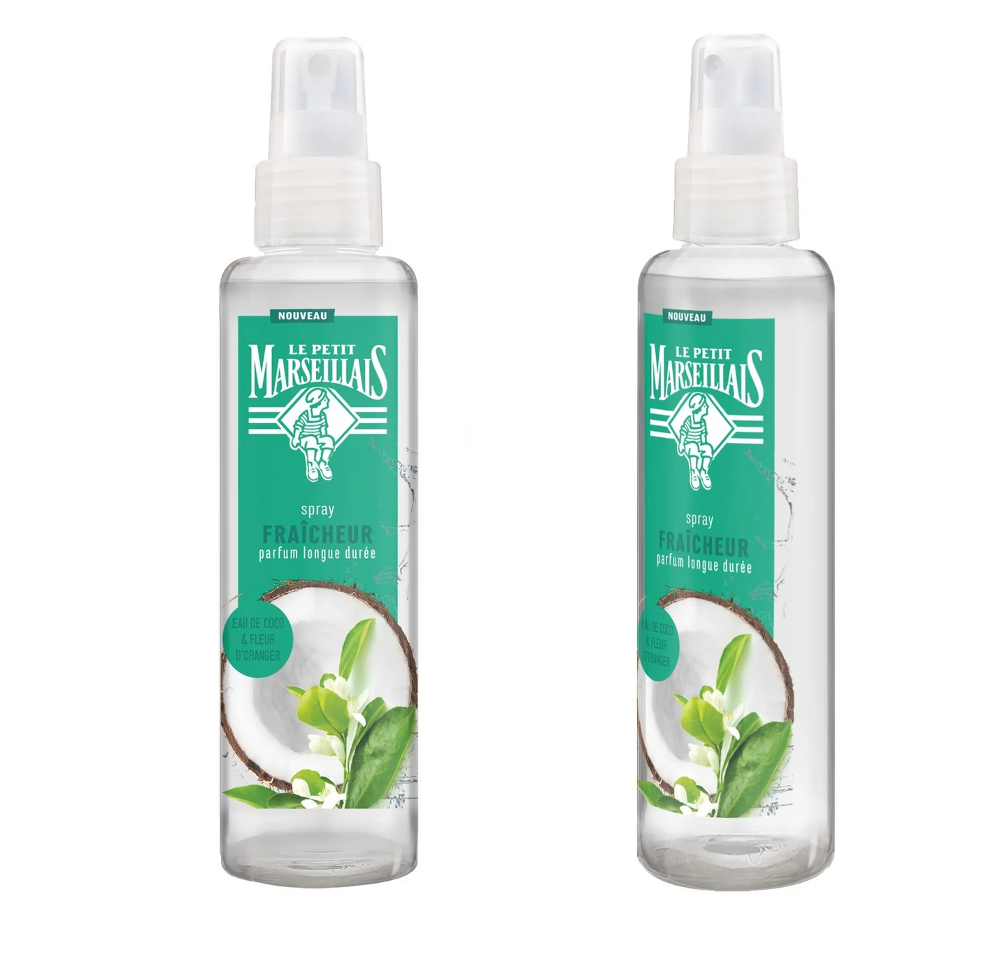 Le Petit Marseillais spray bottle shown in two views from a single smart-object mockup, the label artwork updating across both renders