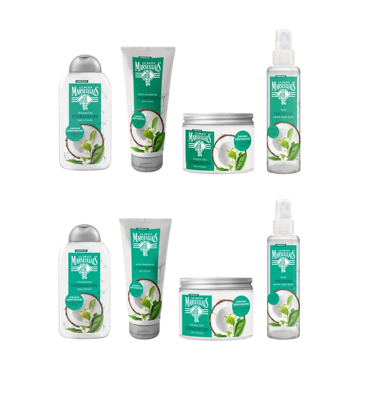 The Coco maquettes sheet for Le Petit Marseillais: four products from the range, each drawn in two views for the packaging approval round