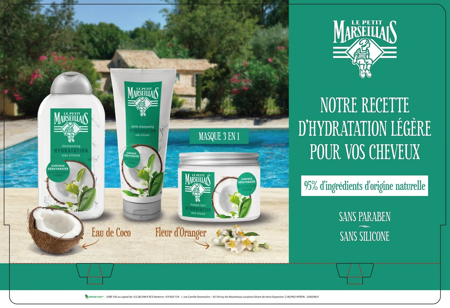 The printed retail fronton for the Le Petit Marseillais Coco range, the right-hand panel designed for the supermarket shelf display