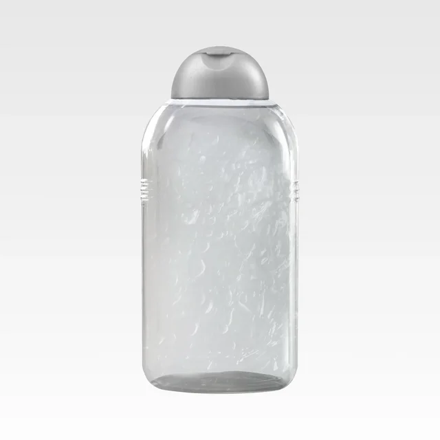 Blank Le Petit Marseillais bottle in a front-facing 3D packshot render, the clear unlabeled stage before the label artwork is applied