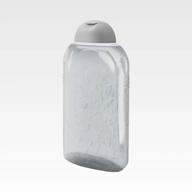 Blank Le Petit Marseillais bottle in a three-quarter 3D packshot render, clear and unlabeled, from the packaging visualization series