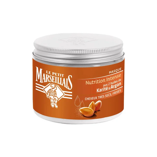 Le Petit Marseillais Nutrition Intense hair mask jar with its reworked orange label: shea and argan oils for very dry, frizzy hair