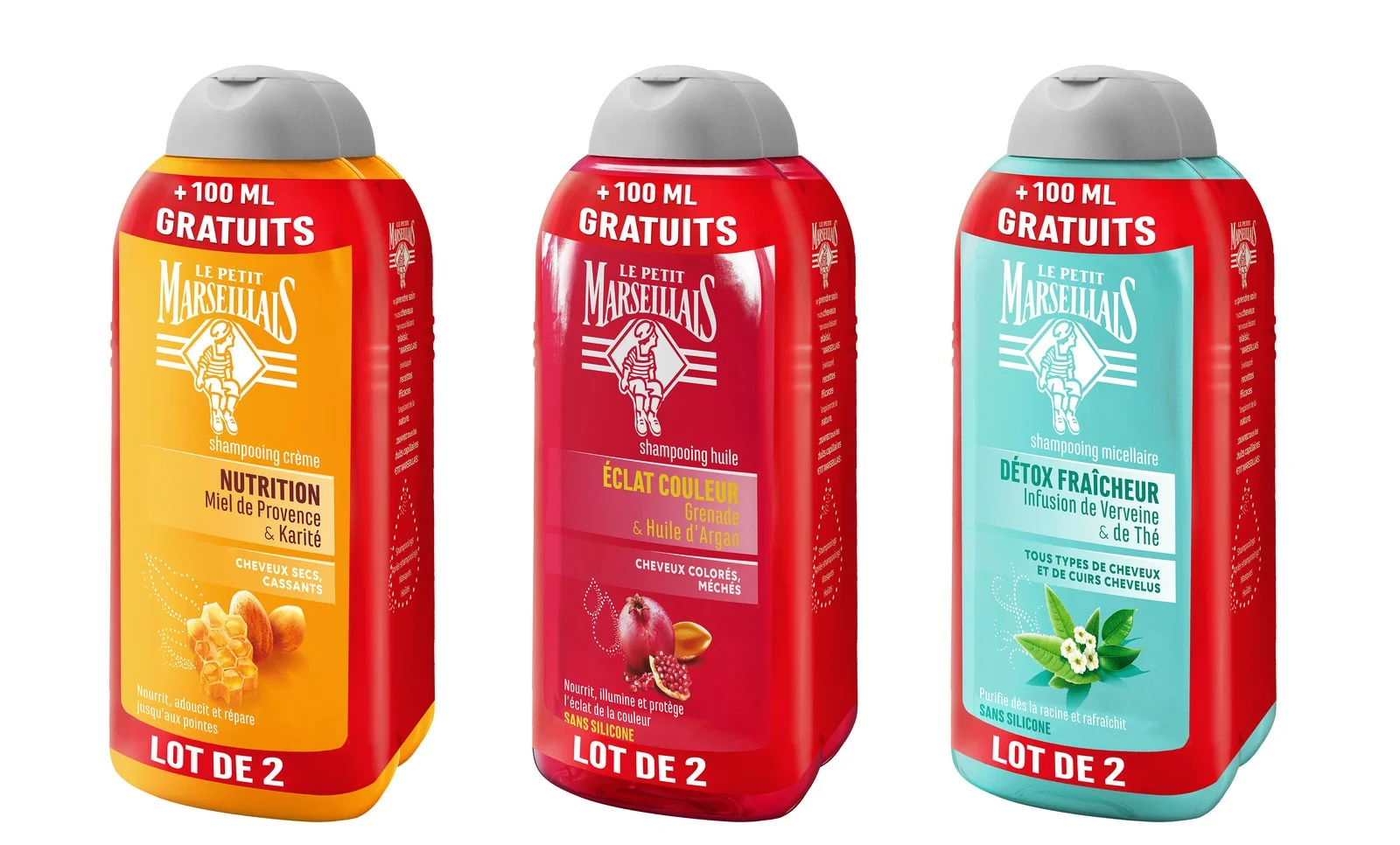 Le Petit Marseillais sleeved duo lots across three product lines, the paired bottles photographed together for the retail promotion sheet