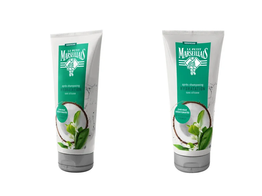 Two Le Petit Marseillais Hydratation conditioner tubes with the reworked coconut water and orange blossom label, in face and angled views