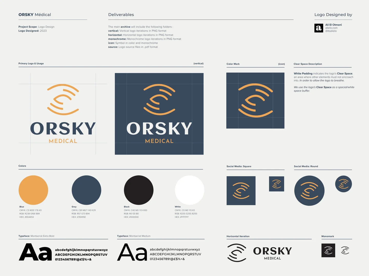 ORSKY quick-glance brand sheet: the primary logo, its clear space rules, the color palette and the typefaces on a single summary page