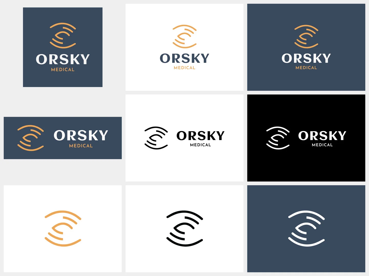The ORSKY logo suite: every lockup of the clinic identity in color, inverted, white and monochrome versions for print and signage use