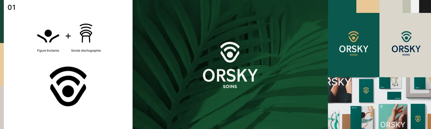 ORSKY styleboard one: a welcoming figure and an ultrasound probe forming an eye, the first concept route explored for the clinic mark