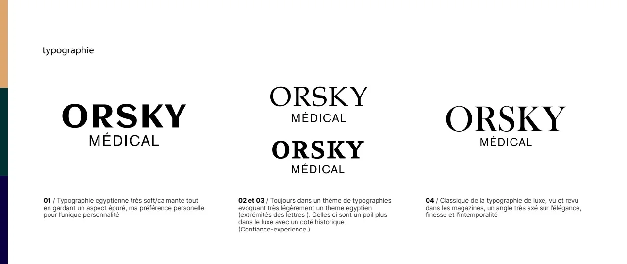 ORSKY type trials: four typeface directions set side by side, compared before the wordmark typography was chosen for the identity