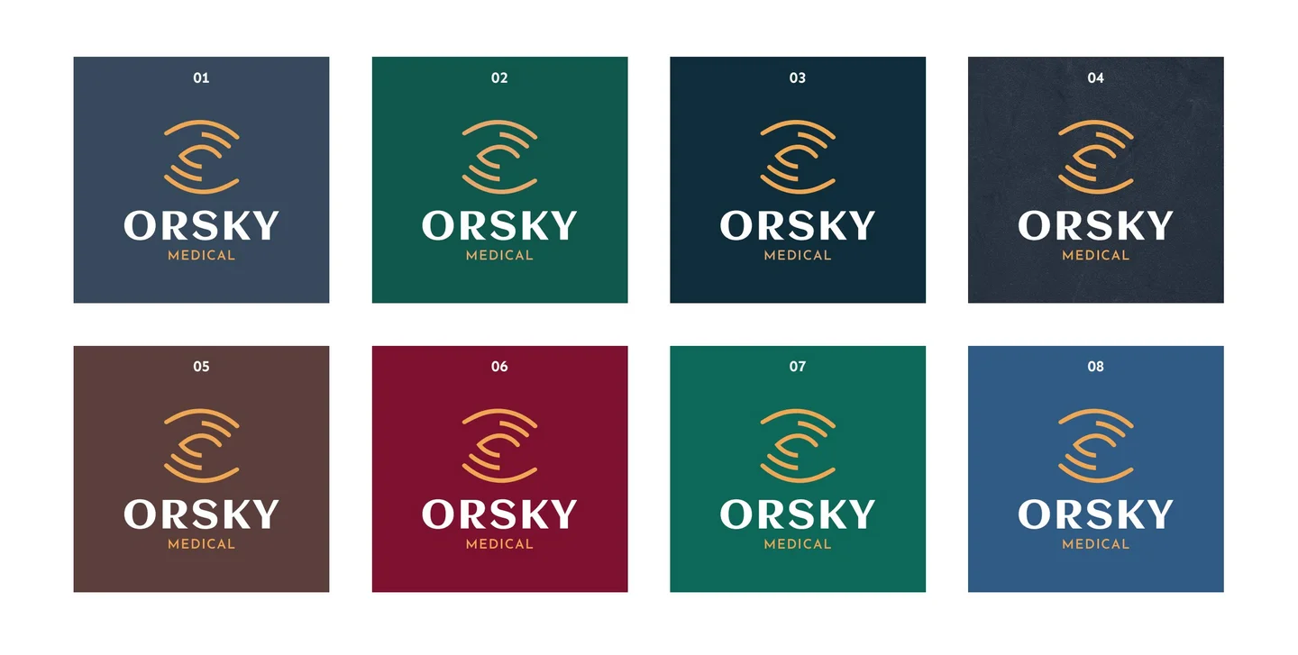The final ORSKY lockup tested on eight backgrounds, checking the identity colors against light, dark and photographic grounds